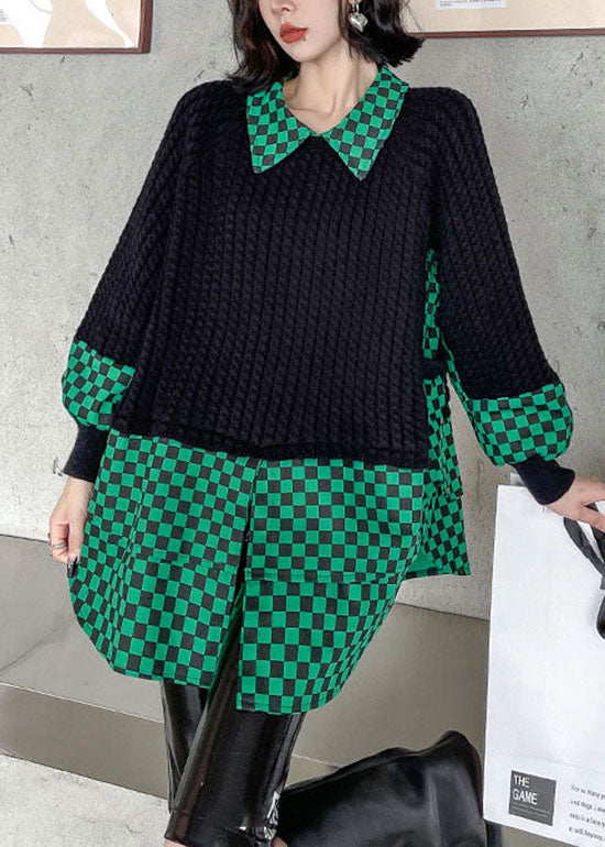 Green Peter Pan Collar Plaid Patchwork Knit Pullover Spring