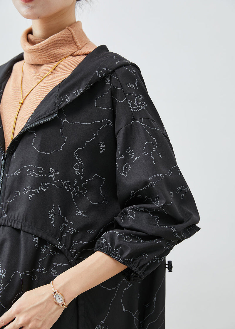 Black Asymmetrical Print Drawstring Spandex Trench Coats Fall