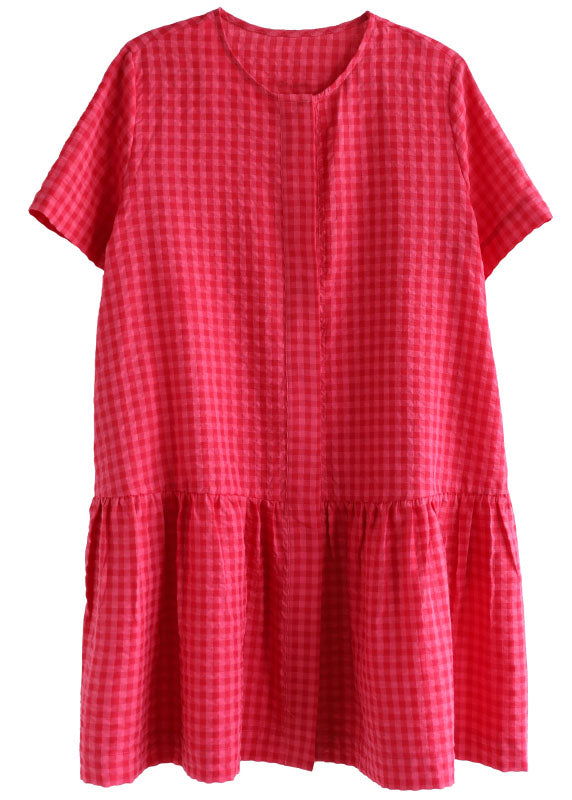 Red O-neck Plaid Patchwork Cotton Mid Dresses Short Sleeve