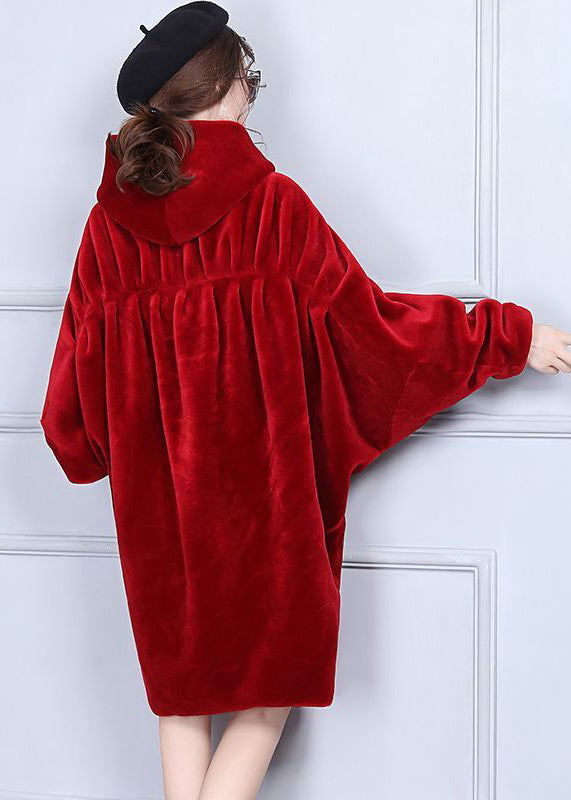Red Oversized Wrinkled Cashmere Jackets Batwing Sleeve