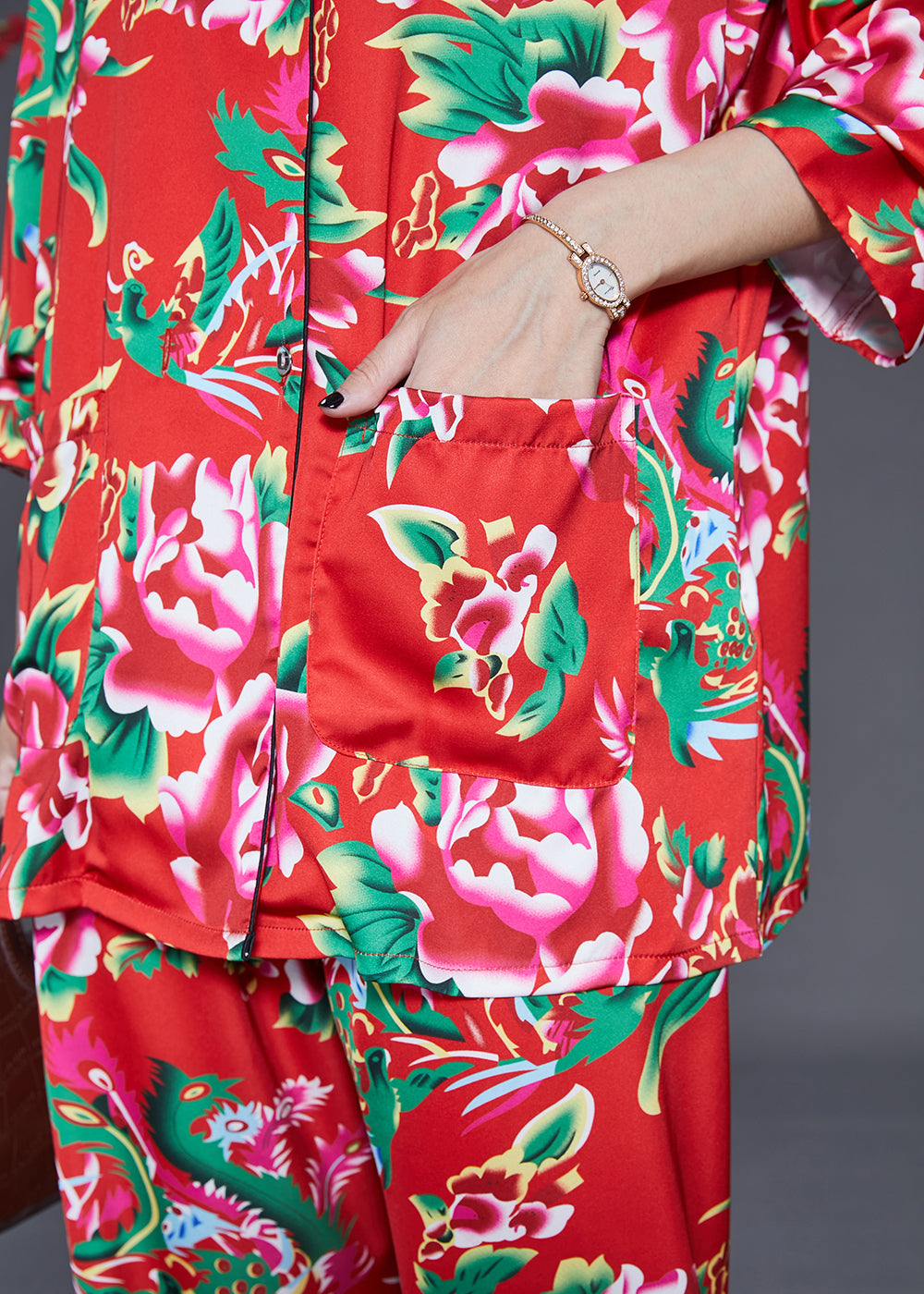 Red Peter Pan Collar Print Draping Silk Two Piece Set Fall