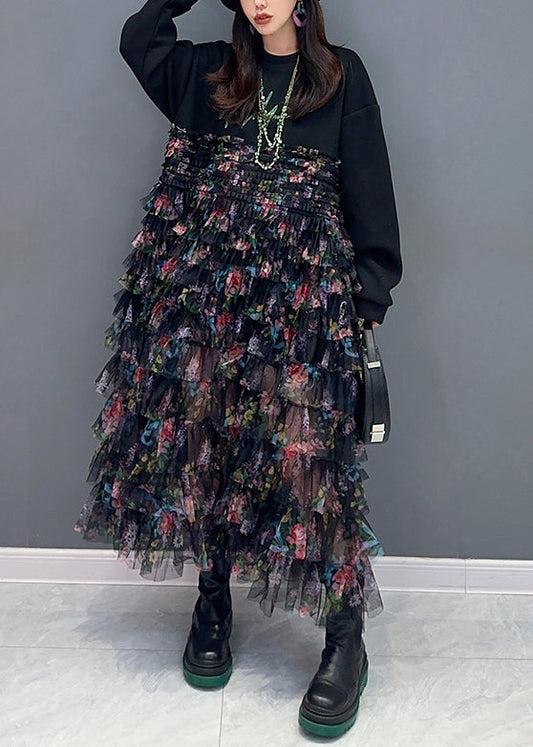 Black Print Chiffon Patchwork Dresses Long Sleeve