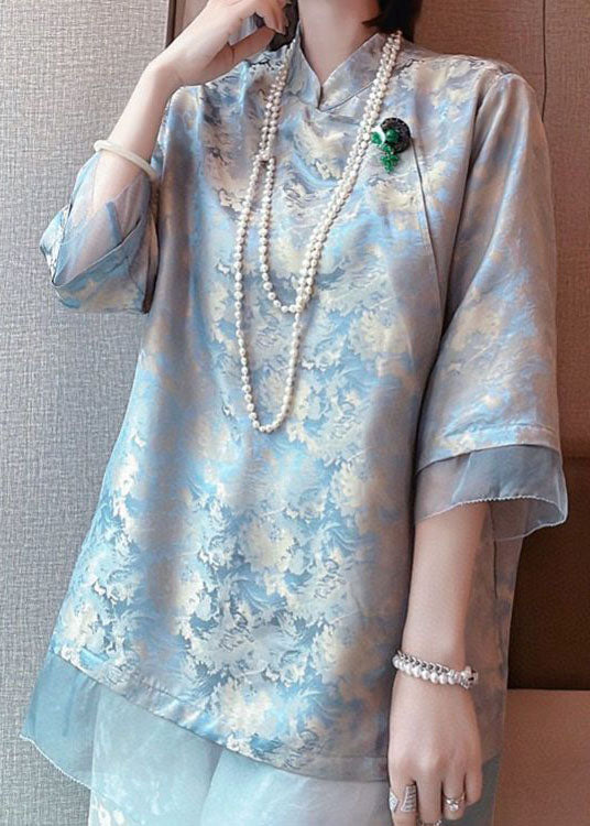 Original Design Light Blue Tulle Patchwork Jacquard Cotton Blend Shirts Half Sleeve