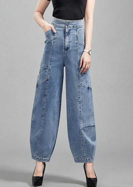 Light Blue Pockets Patchwork Cotton Denim Lantern Pants Trousers Spring