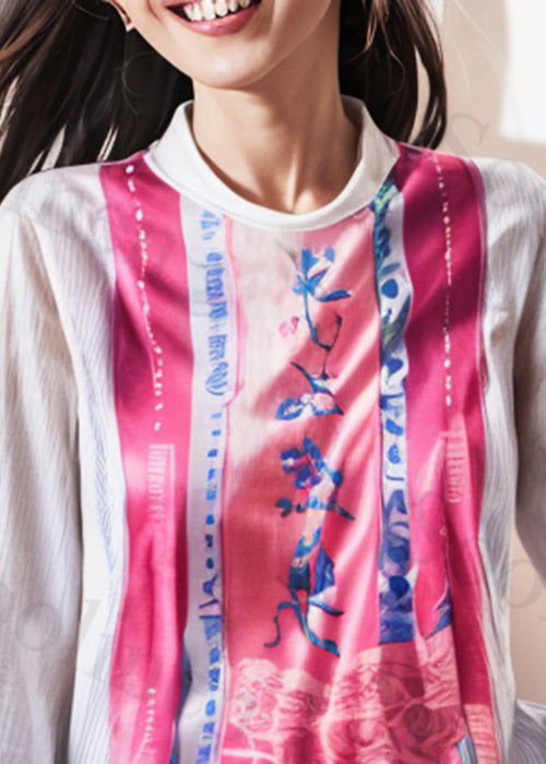 French White Print Patchwork Cotton Shirts Long Sleeve