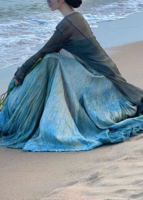 Blue Slash Neck Tie Dye Spaghetti Strap Maxi Dress Sleeveless