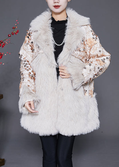 Italian Beige Patchwork Faux Fur Coat Winter