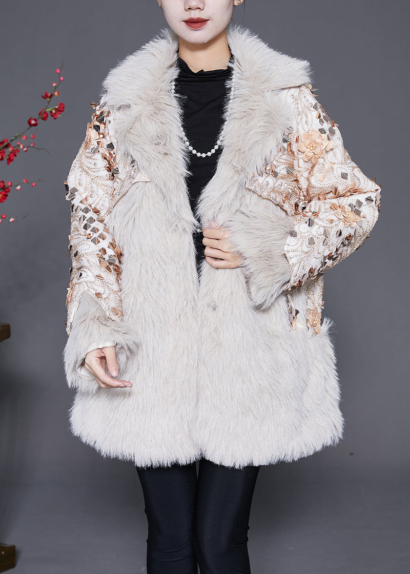 Italian Beige Patchwork Faux Fur Coat Winter