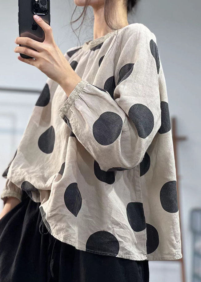 Beige Oversized Dot Print Linen Shirts Fall
