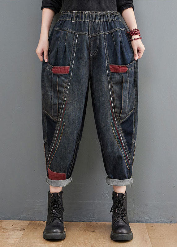 Navy Elastic Waist Pockets Patchwork Cotton Denim Pants Fall