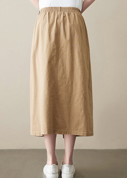 Boutique Khaki Asymmetrical Side Open Elastic Waist Button Linen Skirt Spring