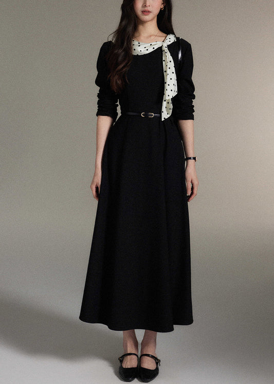 Black Bow Pockets Wool Long Dress Fall