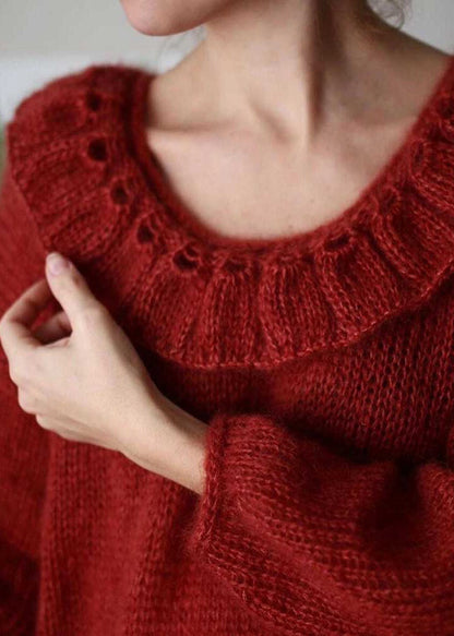 Red Peter Pan Collar Oversized Knit Pullover Winter