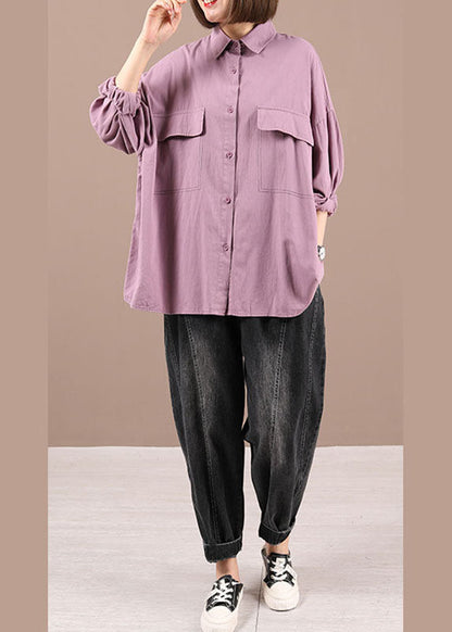 Purple Peterpan Collar Button Pockets Fall Shirt Long Sleeve