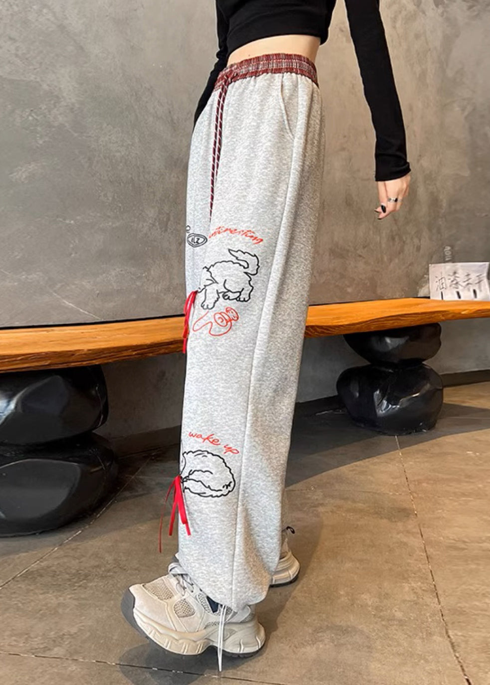 Grey Pockets Print Elastic Waist Cotton Pants Fall