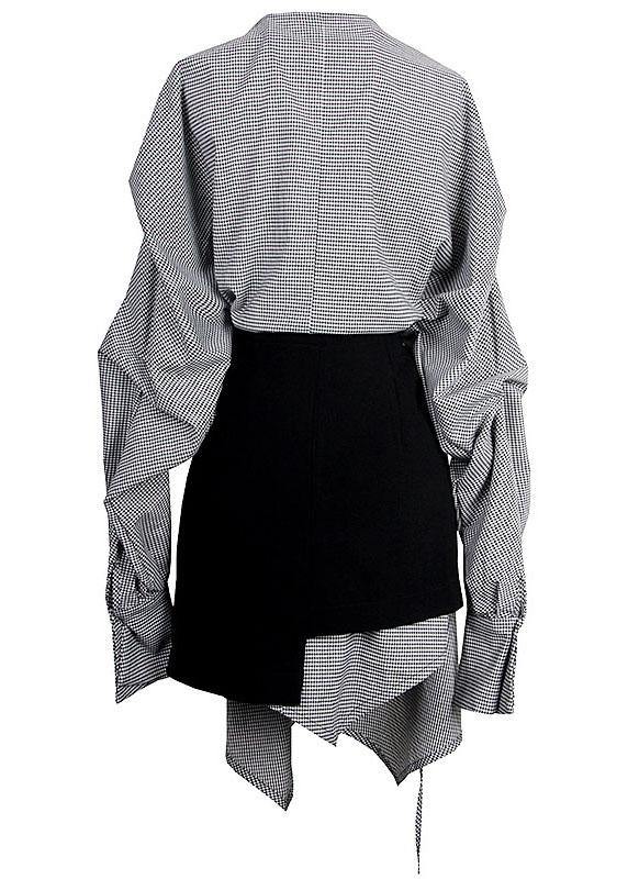 Plaid V Neck Asymmetrical Designlong Sleeve Dress + Black Straight Skirt Two Pieces Set