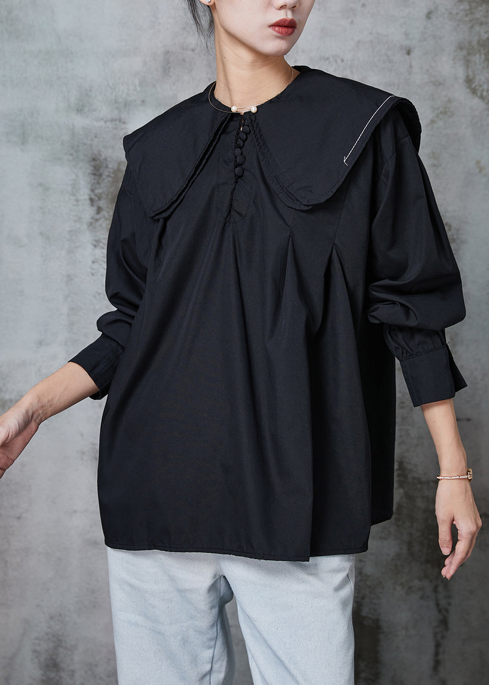 Black Cotton Blouses Double-layer Collar Spring
