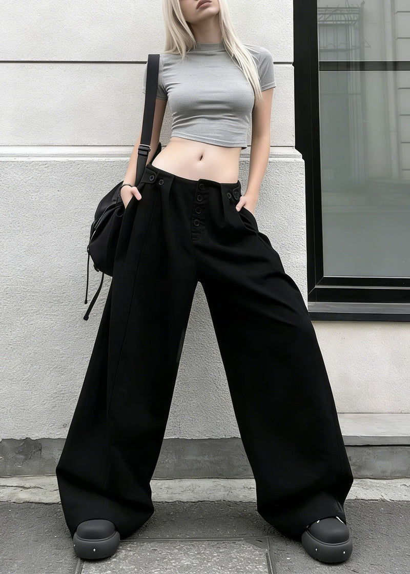 Black Pockets Button Cotton Wide Leg Pants Spring