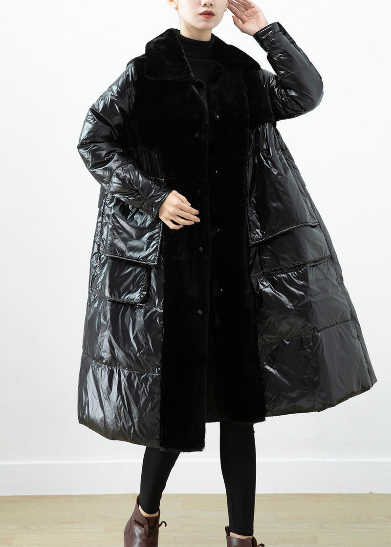 Classy Black Oversized Patchwork Mink Velvet Cotton Blend Down Jacket Winter