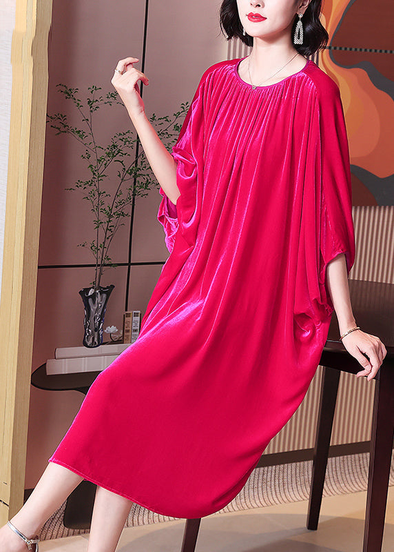 Rose O Neck Wrinkled Patchwork Silk Velour Dress Batwing Sleeve