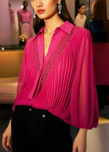 Rose Hollow Out Wrinkled Chiffon Blouses Spring