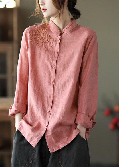 Pink Button Embroideried Fall Linen Tops Long Sleeve