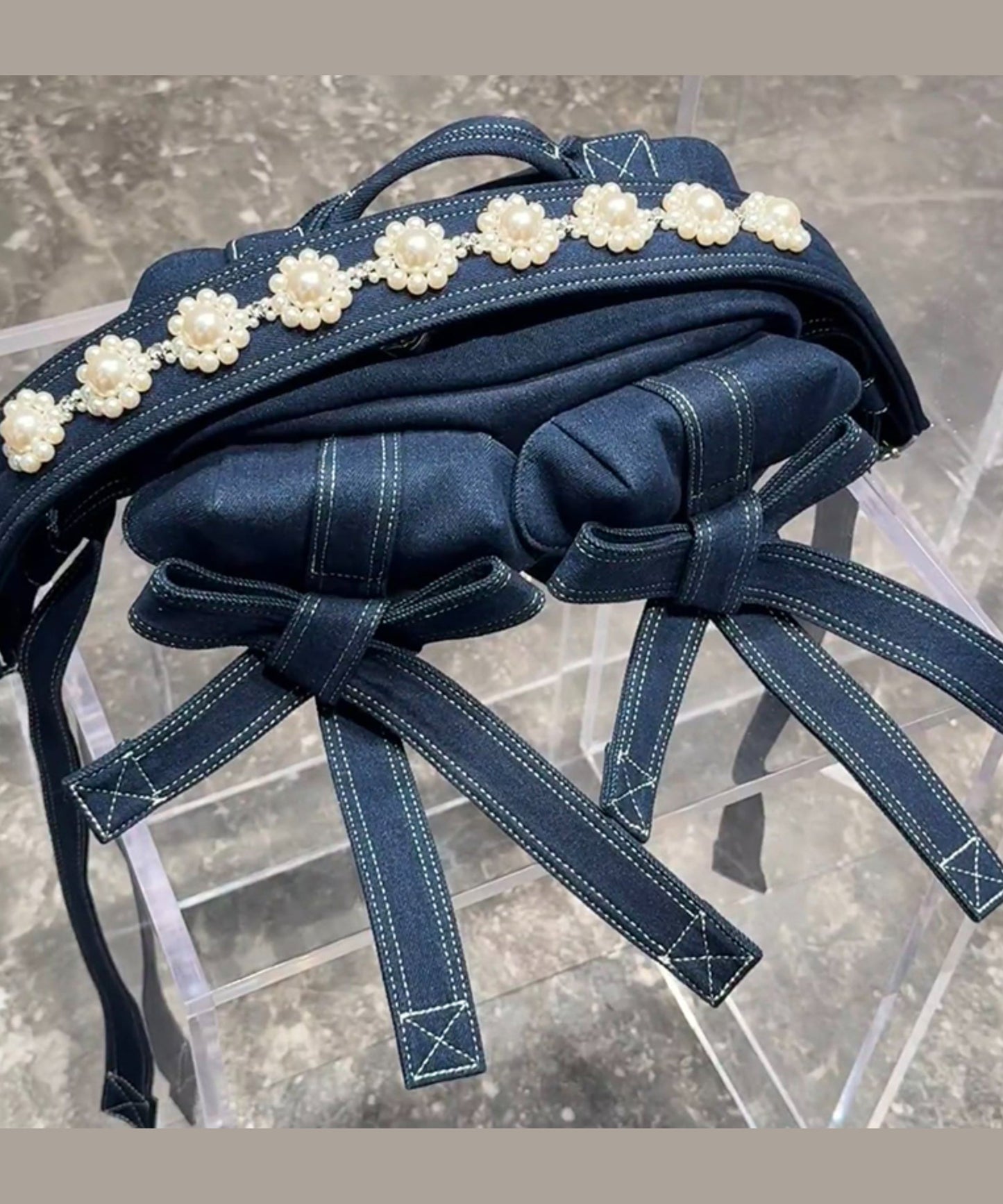 New Denim Blue Versatile Bow Pearl Shoulder Bag