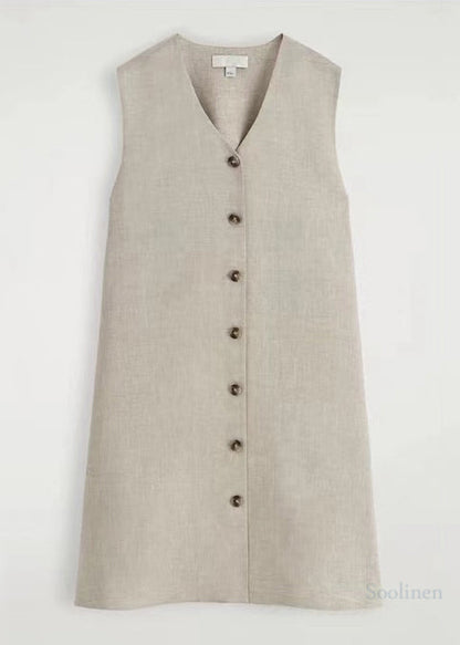 Art V Neck Linen a Line Tea Dress Sleeveless