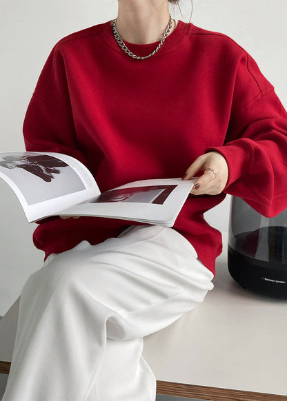 Loose Red O Neck Warm Fleece Sweatshirt Fall