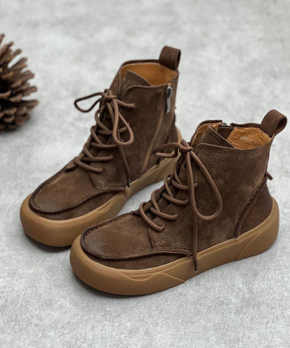 Chocolate Cowhide Leather Boots Zippered Lace Up Mountaineering Boots