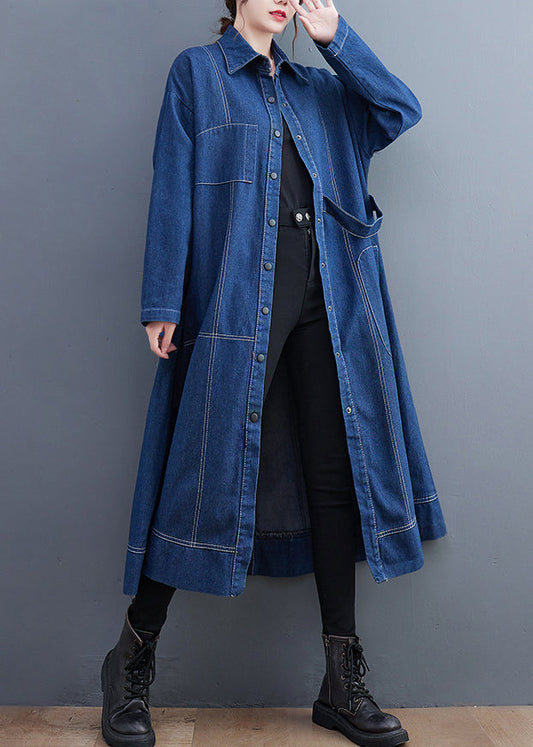 Blue Patchwork Denim Long Trench Coat Peter Pan Collar Long Sleeve Fall