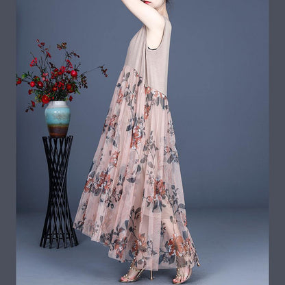 Pink Print Lace Dress O-neck Sleeveless Summer Dresses