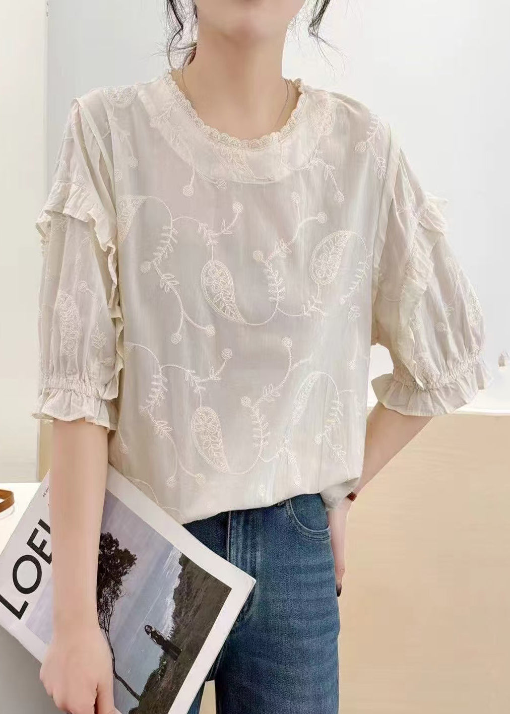 Beige Embroideried Cotton Tanks Summer
