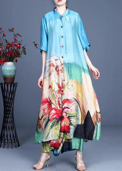 Blue Print Long Silk Two Pieces Set Summer