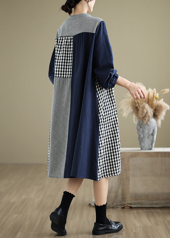 Original O-neck Lace Patchwork Plaid Long Dresses Spring