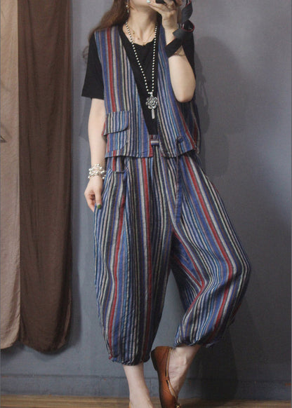Red Blue Striped Linen Waistcoat and Beam Pants Two Piece Set Outfits Summer