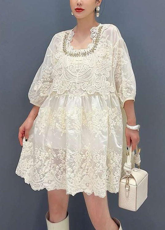 Apricot Embroidered Zircon Lace Mid Dress Bracelet Sleeve