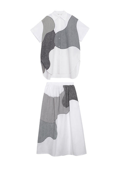 Light Grey Peter Pan Collar Patchwork Cotton Two Pieces Set Summer