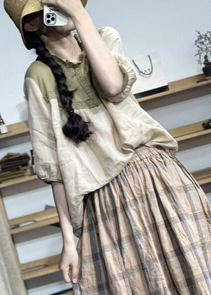 Apricot O-neck Lace Patchwork Linen Top Half Sleeve