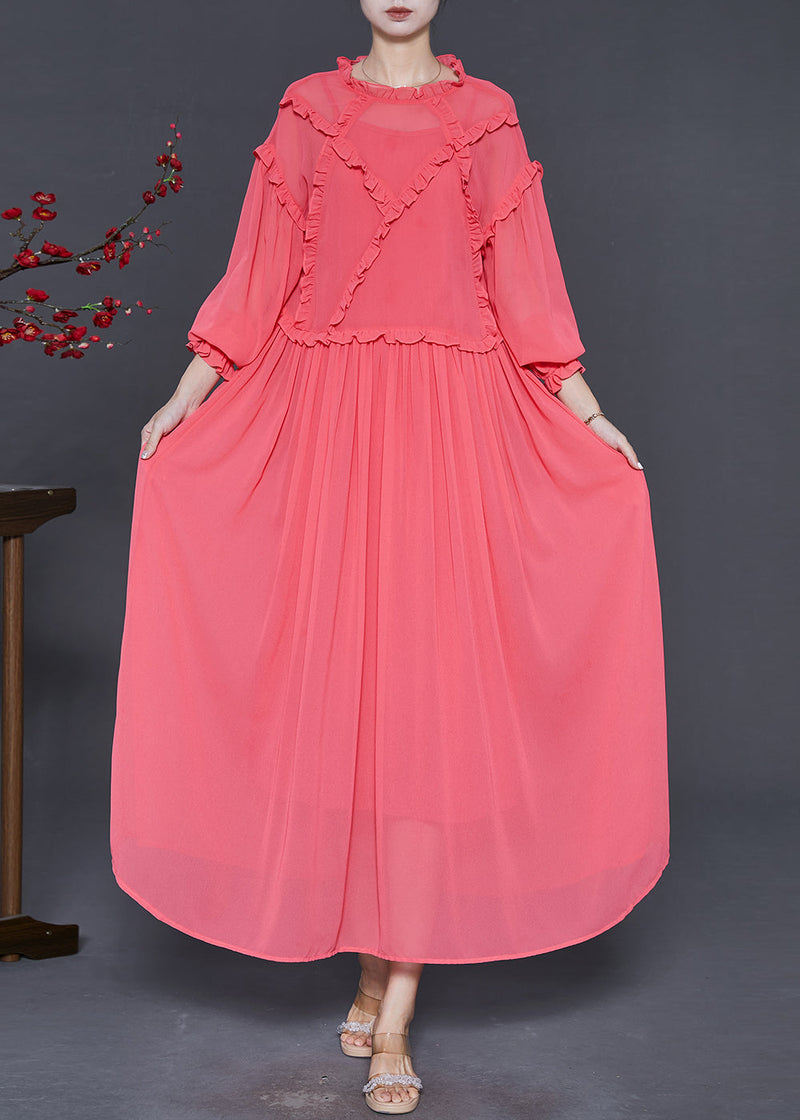 Brick Red Ruffled Chiffon Ankle Dress Spring