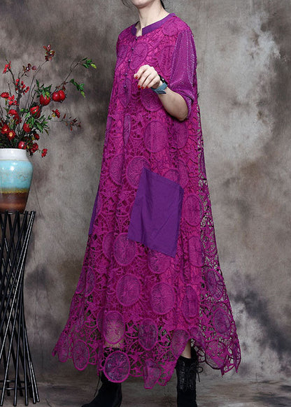 Purple Lace Pockets Side Open Fall Long Sleeve Dresses