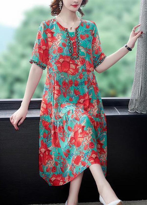Red O-neck Print Silk Party Dress Summer