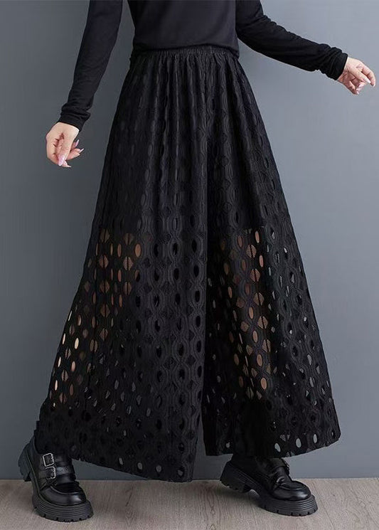 Natural Black Hollow Out Wide Leg Pants Trousers Summer