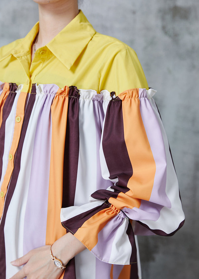 Boutique Colorblock Striped Ruffled Patchwork Cotton Shirt Tops Fall