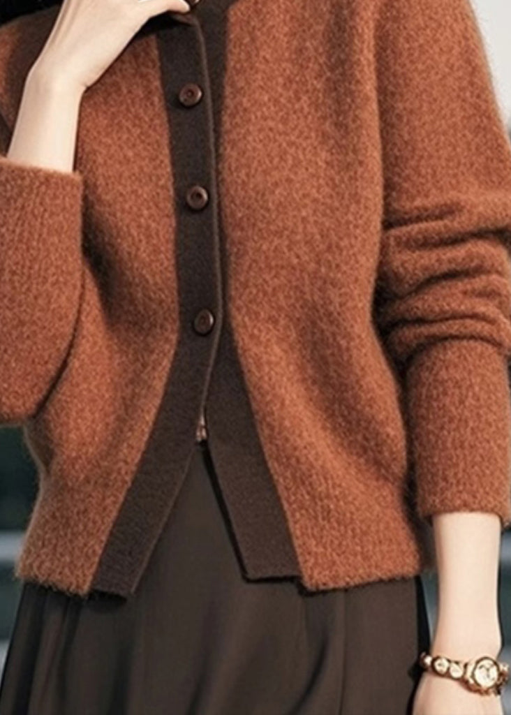 Brown Stand Collar Button Patchwork Knit Cardigans Spring