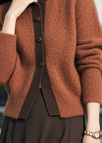Brown Stand Collar Button Patchwork Knit Cardigans Spring
