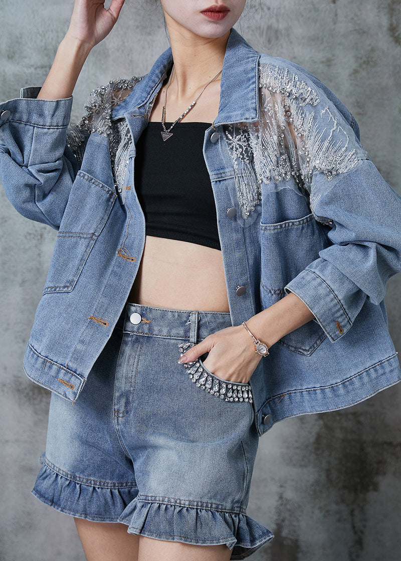 Blue Hollow Out Pockets Denim Coats Spring