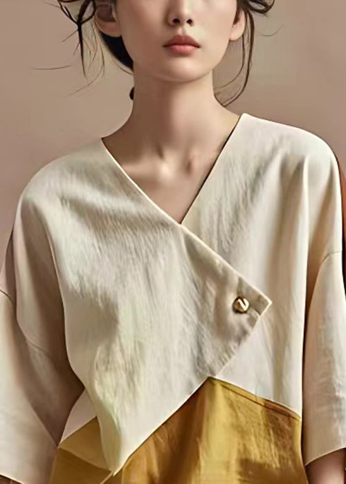French Beige V Neck Button Linen Shirt Batwing Sleeve