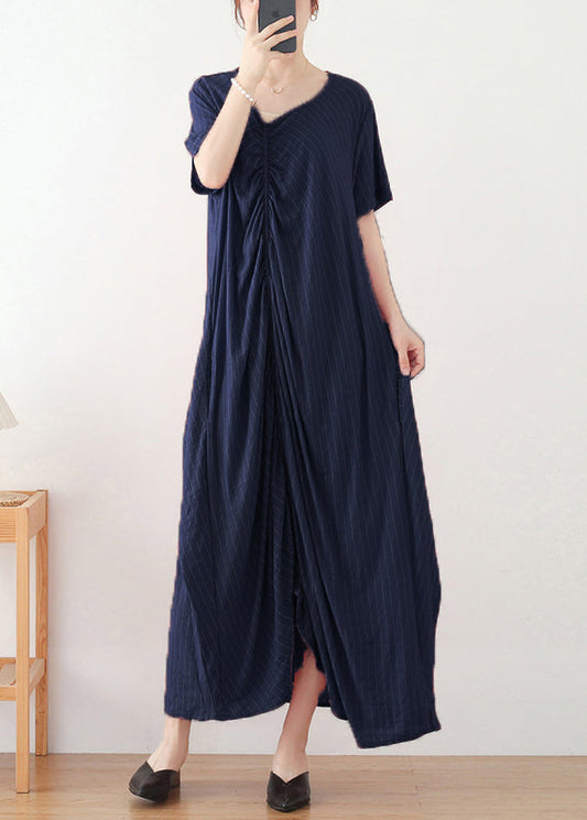 Navy Asymmetrical Design Cotton Long Dress Short Sleeve