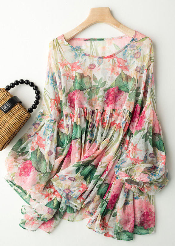 Print Wrinkled Patchwork Chiffon Blouses Lantern Sleeve